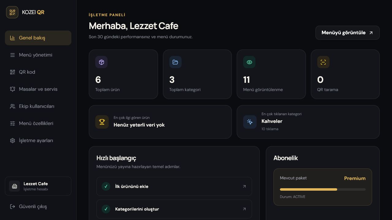 Kozei QR dijital menü yönetim paneli